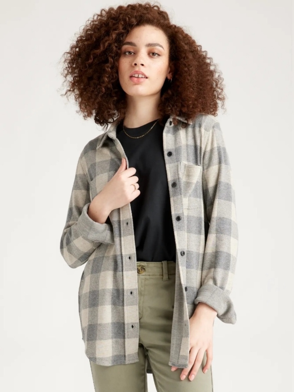 Quince Stretch Sweater Fleece Plaid Shirt in Buffalo Taupe